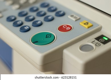 Control panel of some device - fax machine, printer,copy machine, etc. Concept of document processing, office work automatization