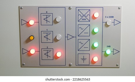 Control Panels In An Electronics Lab. Electrical Switch Gear At Low Voltage Motor Control Center Cabinet In Coal Power Plant.