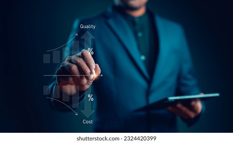 Control Quality and cost optimization for products or services to improve customer satisfaction, enhance company performance. Businessman touching concept. Successful corporate strategy, management.