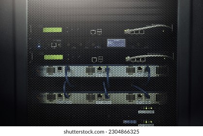 Control room, empty or cables in hardware for internet connection, computing network or cyber security. Wires background, information technology support or cords on machine equipment in data center