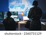 Control room, military and people on computer for surveillance, tracking operation and national security. Army, government and soldiers online for cybersecurity, communication network and monitoring