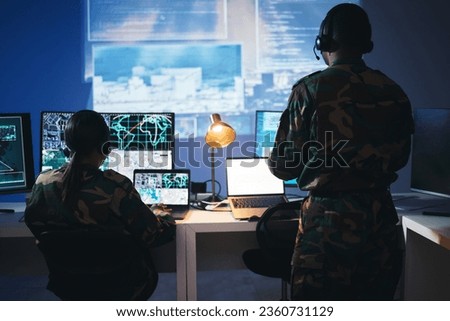 Control room, military and people on computer for surveillance, tracking operation and national security. Army, government and soldiers online for cybersecurity, communication network and monitoring