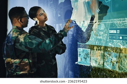 Control room, military and planning by soldier team on surveillance together at night for communication. Technology, global and teamwork by security with success on satellite map in army office