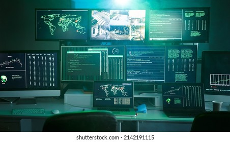 Control room monitoring surveillance video camera control city - Empty space dark room office full of screen device from secret service public safety computer station center. No people indoors.  - Shutterstock ID 2142191115