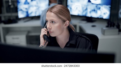 Control room, telephone and calling with woman, security guard and safety service with communication. Night watch, employee and agent with computer, surveillance info and monitor with contact center - Powered by Shutterstock