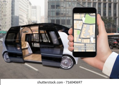 Control Of Self Driving Bus By Mobile App. Concept.