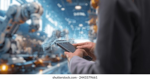 Control the work with an infographic screen. Precision engineering A robotic arm at work in a fully automated facility. Control the work of the robotic arm with an infographic screen.