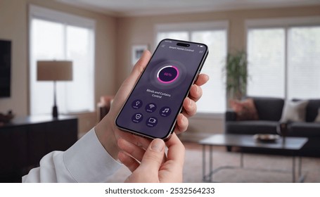 Controlling  blinds and curtains in the living room using a mobile app. Woman's hand with smartphone, modern home automation for light control and privacy - Powered by Shutterstock