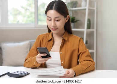 Convenience Online Internet Banking, Asian Young Woman Hand In Payment Bill, Spending By Scan Qr Code, Use Phone, Mobile To Transfer Or Pay Money Of Credit Card Without Cash. Technology Of Financial.