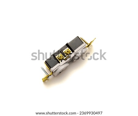 Convenient side wire connections of gray finish industrial grade duplex receptacle with 20A, 125V capacity, 5-leaf brass, superior plug retention isolated on white background. 3-prong plug copy space