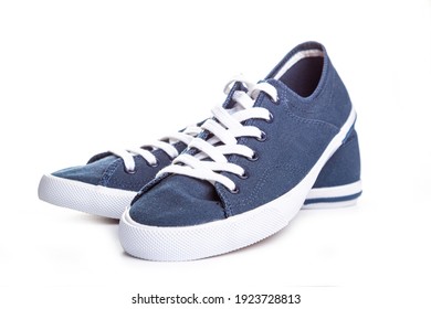 Convenient for sports mens sneakers in dark blue thick fabric. Presented on a white background.