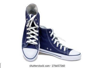 Convenient For Sports Mens Sneakers In Dark Blue Thick Fabric. Presented On A White Background.