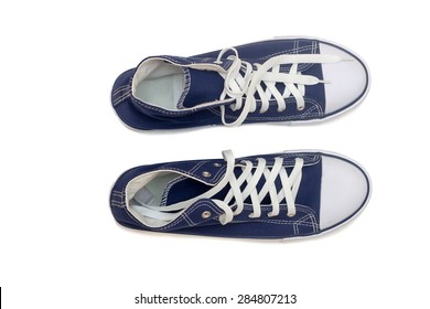 Convenient For Sports Mens Sneakers In Dark Blue Thick Fabric. Presented On A White Background. 