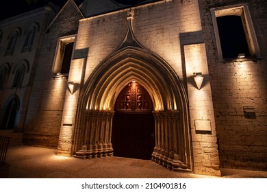 Convent Of Our Lady Of Mount Carmel Main Facade By Night In Lisbon, Portugal. A Medieval Convent Ruined During The Sequence Of The 1755 Lisbon Earthquake.