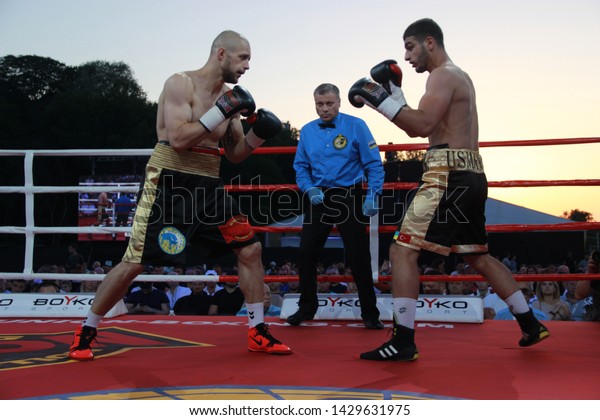 Convention and Exhibition \
center «Parkovy», Kiev,\
Ukraine - June 15,2019: WBA World title flyweight and the\
championship of Ukraine in box.\
