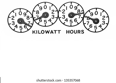 Conventional mechanical Kilowatt hour electric meter register dials on white background