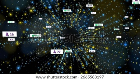 Converging data points and metric labels forming digital vortex in virtual space, streaming metrics. Technology, innovation, digital, cyberspace, futuristic, connectivity, analytics
