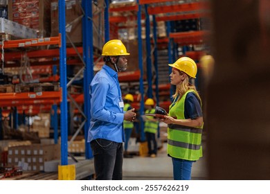 Conversation between a middle-aged African-American warehouse manager and a blonde, white female worker who is holding a notebook and a scanner. - Powered by Shutterstock