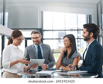 Conversation, people and happy in office with tablet for business report or online growth with information sharing. Manager, employees and paperwork to show feedback, corporate and career in sales. - Powered by Shutterstock