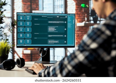 Bota de IA conversacional usada para fornecer ajuda para o cliente da empresa em casa. Uma pessoa conversando com o LLM equipado chatbot, ajudando as empresas que procuram automatizar as interações com os clientes