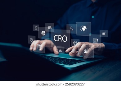 Conversion Rate Optimization (CRO) concept. A person types on a laptop with floating digital icons representing marketing, analytics, SEO, and business growth, symbolizing data-driven strategies 
