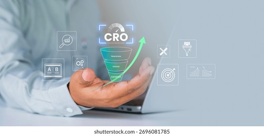 Conversion Rate Optimization, CRO success strategy, digital marketing funnel awareness interest conversion stages, business performance improvement, ROI growth, customer journey metrics visualization