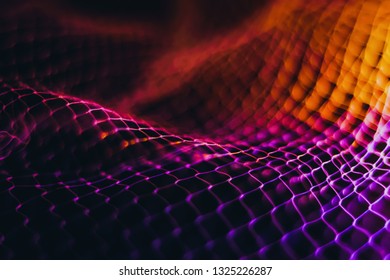Convex mesh that represents internet connectivity. The bright colors of the linked wire are characteristic of waves. concept cloud computing and neural networks.