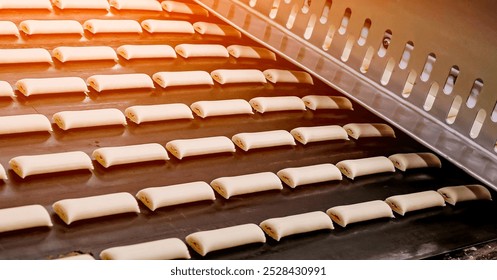 A conveyor belt transports rows of unbaked dough rolls in a bakery. The setting is bright and bustling, signaling preparation for delicious bread products. - Powered by Shutterstock