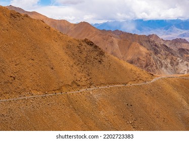 Convoy Of Bikers Riding Mountain Road Of Ladakh, Northern India. Beautiful Landscape Of Ladakh, Highest Plateau In India.