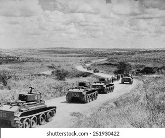Convoy of Soviet (Russian) tanks in Romania during the annexation of Bessarabia, Romania, in 1940. - Shutterstock ID 251930422