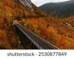 Conway Track Landscape North Conway, New Hampshire. Empty Railroad Tracks Fall Foliage Scenic New England. Mount Washington Valley Forest