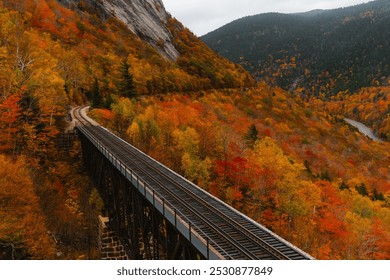 Conway Track Landscape North Conway, New Hampshire. Empty Railroad Tracks Fall Foliage Scenic New England. Mount Washington Valley Forest - Powered by Shutterstock