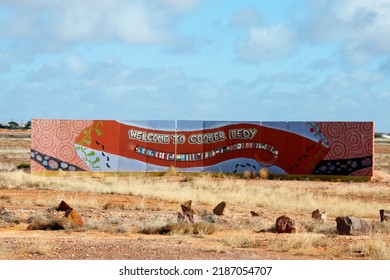 Coober Pedy, Australia - May 4, 2022: Artisitc welcome sign to the opal mining town