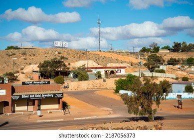 Coober Pedy, Australia - May 4, 2022: Local businesses on Hutchison street in the opal mining town