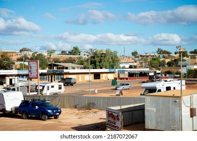 Coober Pedy, Australia - May 4, 2022: Local businesses on Hutchison street in the opal mining town