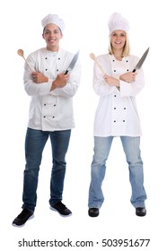 Cook Apprentice Trainee Trainees Cooks Standing Full Body Cooking With Knife Job Young Isolated On A White Background