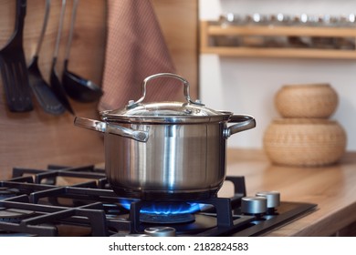 
Cook Food In A Saucepan, Pan Standing On A Gas Stove