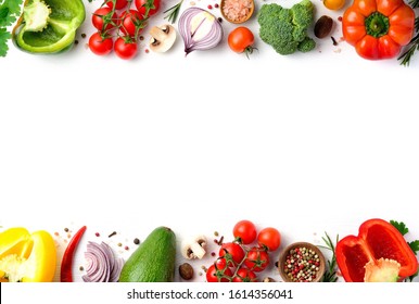 Cook frame with fresh vegetables on white background. Organic raw salad ingredients. Flat lay, copyspace, top view.