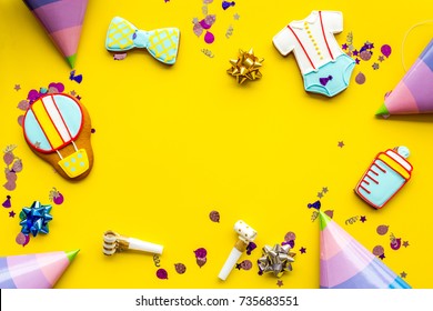 Cook Gingerbread Cookies With Ticker Tape For Baby Shower On Yellow Colorful Background Top View Mockup