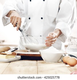 Cook Hands Making Cake And Flour Eggs And Plate 