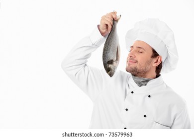 Cook Holding A Fresh Fish On A White Background