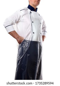 Cook In Overalls And A Disposable Plastic Apron. Protection From Contamination.