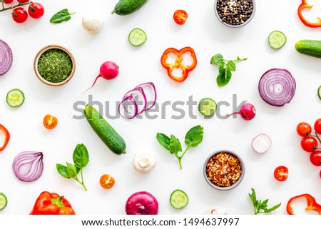 Cook pattern with fresh vegetables on white background top view