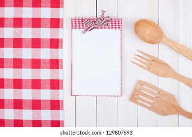 Cook Recipe Book, Tablecloth, Kitchen Equipment On White Wood Background