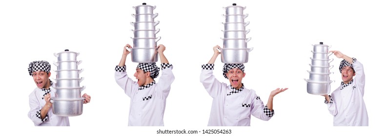 Cook with stack of pots on white