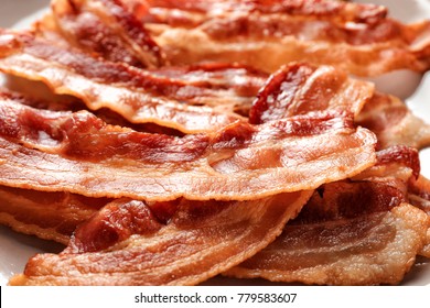 Cooked Bacon Rashers On Plate, Closeup