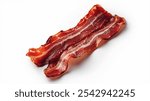 Cooked Bacon: Rich reddish-brown strip with white fat marbling, laid flat with crispy edges, showcasing its freshly cooked texture.