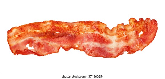 Cooked Bacon Strip Close-up Isolated On A White Background.