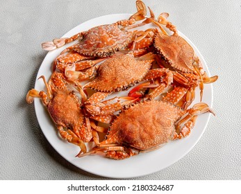 Cooked Blue Crabs. Boiled Blue Crabs On A White Background.