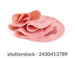 Cooked boiled ham slices, isolated on white background.